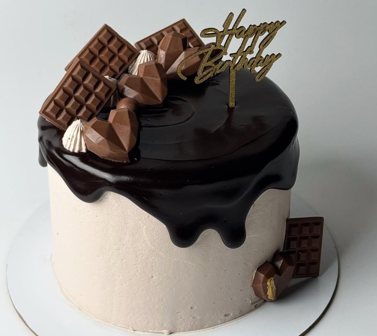 Chocolate drip birthday cake with chocolate decorations