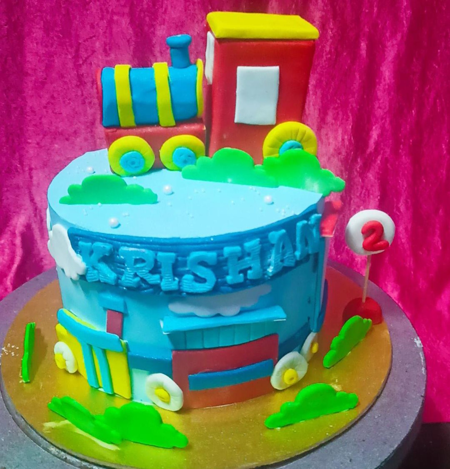 Colorful train themed celebration cake